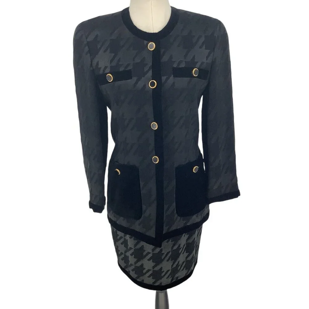 ESCADA Womens 34 US 2 Black Wool Silk Houndstooth Skirt & Blazer Elegant Luxury - Picture 1 of 16